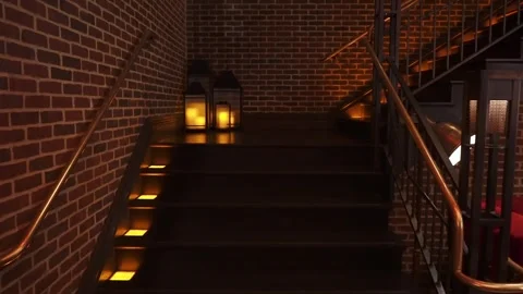 Inviting Wooden Staircase In Rustic Setting Gently Illuminated By Subtle Ambient Video stock 323777042