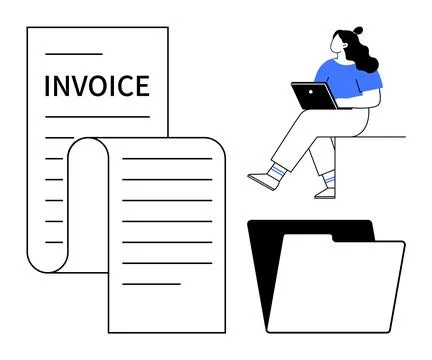 Invoice and document floating near an open file folder. Woman in blue shirt u Stock Illustration