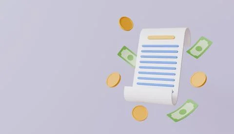 Invoice bill receipt with flying around coins, online payment and shopping Stock Illustration