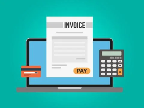 Invoice computer concept. Online payment using laptop. Calculator and credit Stock Illustration