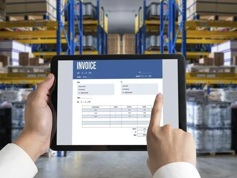 Invoice on computer screen from accounting application. Snugly. Stock Photos