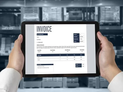 Invoice on computer screen from accounting application. Snugly. Stock Photos