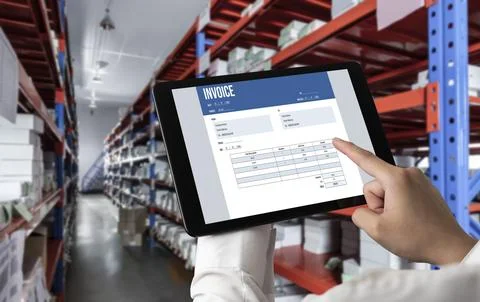 Invoice on computer screen from accounting application. Snugly. Stock Photos
