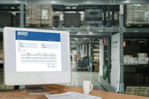Invoice on computer screen from accounting application. Snugly. Stock Photos