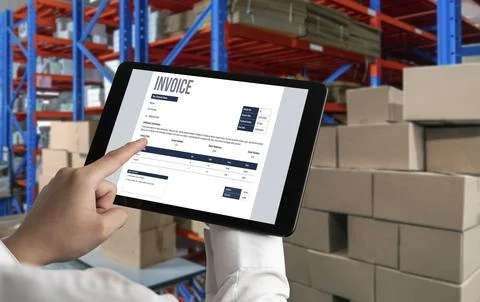 Invoice on computer screen from accounting application. Snugly. Stock Photos