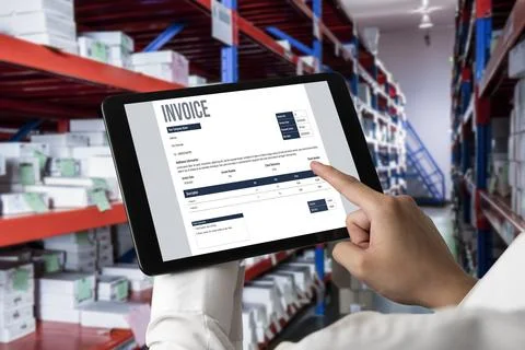 Invoice on computer screen from accounting application. Snugly. Stock Photos
