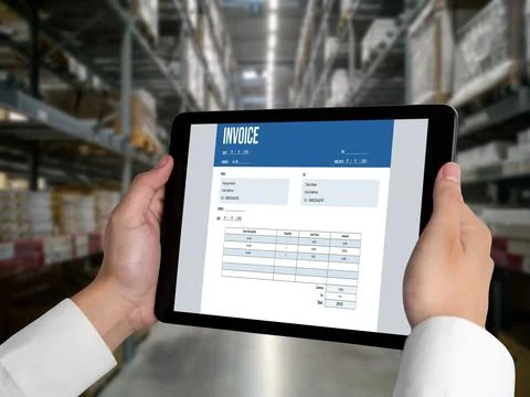 Invoice on computer screen from accounting application. Snugly. Stock Photos