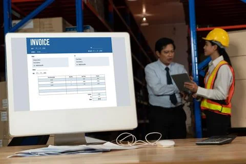 Invoice on computer screen from accounting application. Snugly. Stock Photos