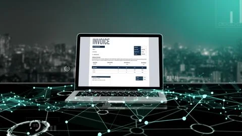 Invoice on computer screen from accounting application. Snugly. Stock Photos