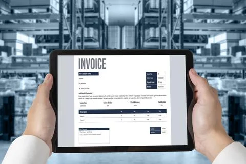 Invoice on computer screen from accounting application. Snugly. Stock Photos