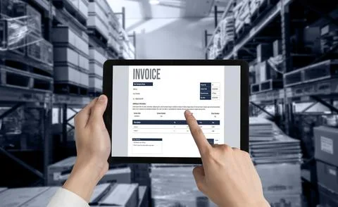 Invoice on computer screen from accounting application. Snugly. Stock Photos