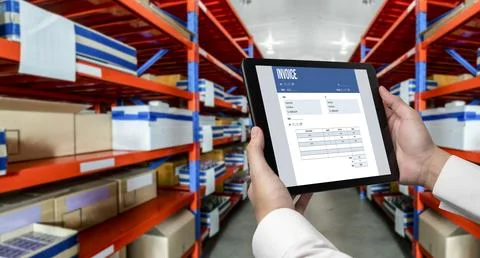 Invoice on computer screen from accounting application. Snugly. Stock Photos