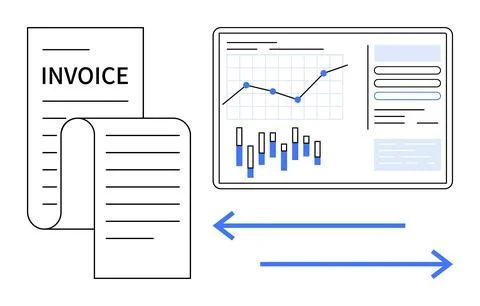 Invoice document beside screen displaying charts and financial data. Bidirect Stock Illustration