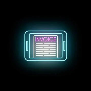Invoice document on tablet display neon icon Stock Illustration