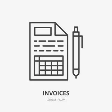 Invoice flat line icon. Receipt, paper with pen sign. Thin linear logo for legal Illustrazione stock