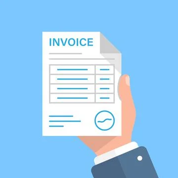 Invoice in hand illustration in flat style. Transaction document vector illus Illustrazione stock