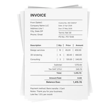 Invoice paper document with itemized services totals and tax, business bill.. Illustrazione stock