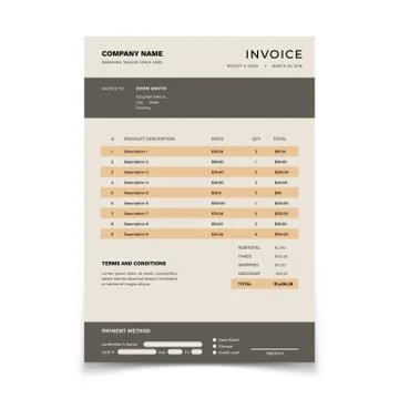 Invoice template. Bill form with data table and tax. Bookkeeping vector document Stock Illustration