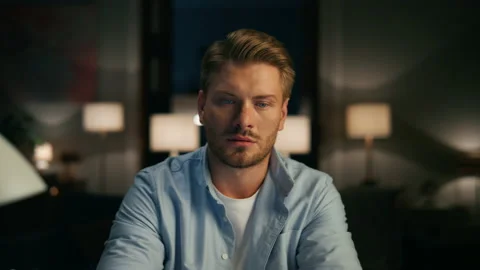 Involved freelancer thinking computer at home zoom out. Guy considering problem Stock Footage 227598552