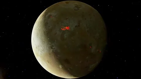 Io Volcanic Moon of Jupiter Cinematic Slow Orbit Revealing Active Surface 4K Stock Footage 331658566