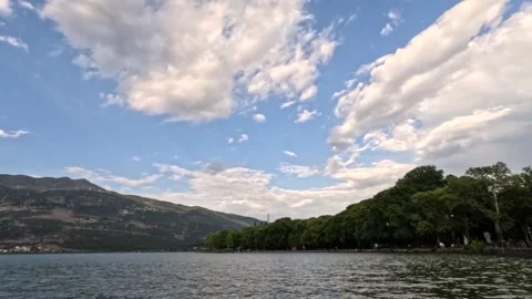 Ioannina Lake Side Timelapse, Cloud Motion Over Pamvotida Lake, People Walking Stock Footage 340320335