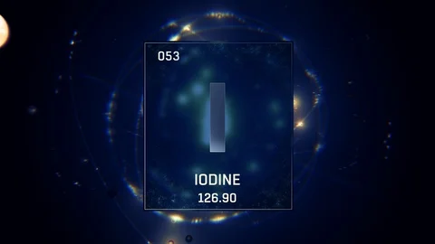 Iodine as Element 53 of the Periodic Table 3D animation on blue background Vidéo 119677946