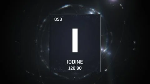 Iodine as Element 53 of the Periodic Table 3D illustration on silver background Illustrazione stock
