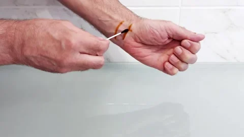 Iodine Mesh Pattern on Arm: Sterile Prep Before Procedure Begins Video stock 315493500