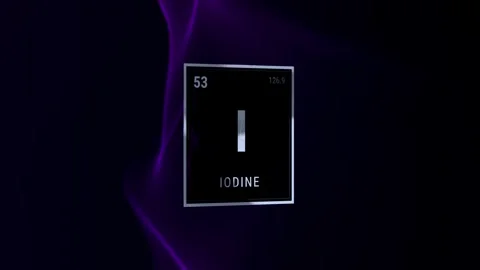 Iodine periodic table element icon on a dark smoke background Stock Footage 335881263