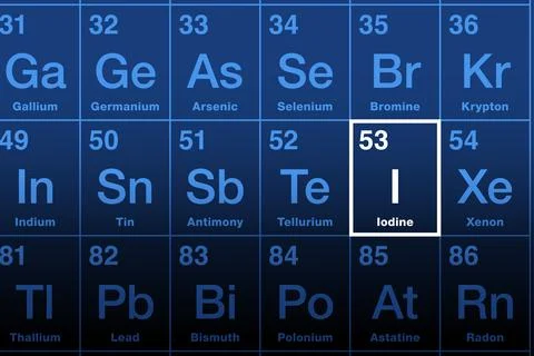 Iodine on the periodic table of the elements with chemical symbol I Stock Illustration