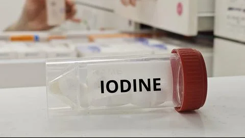 IODINE tablets for support thyroid function and treat iodine deficiency 库存照片