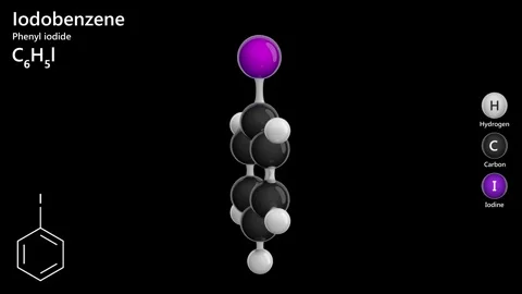 Iodobenzene. 3d model of molecule. C6H5I. Black background. 3D rendering Stock Footage 288577386