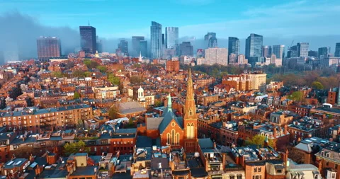 Ioned cityscape of Boston of mainly red-brick houses. Stock Footage 310036426