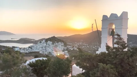 Ios Greece, beautiful sunset on the cycladic island, panoramic view  Chora Stock Footage 168244702