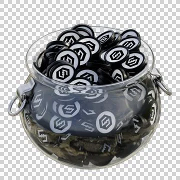 IOST in 3D crypto coin saving bank with stack coins on isolated background Stock Photos