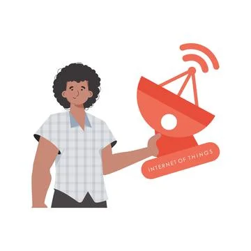 IOT and automation concept. The guy is holding a satellite dish in his hands. Stock Illustration