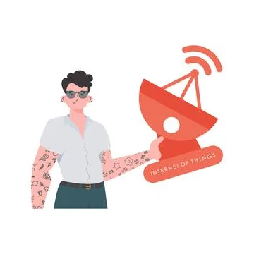 IOT and automation concept. The guy is holding a satellite dish in his hands. Stock Illustration