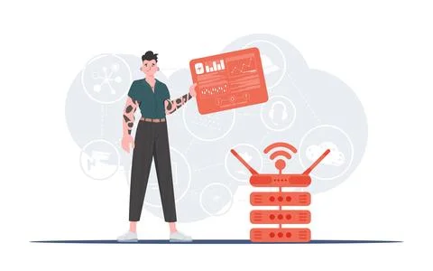 IOT and automation concept. A man holds a panel with analyzers and indicators Illustrazione stock