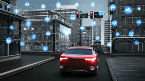 IoT car connect traffic information control system, Autonomous driving. 4k.2. Stockbeeldmateriaal 100308020