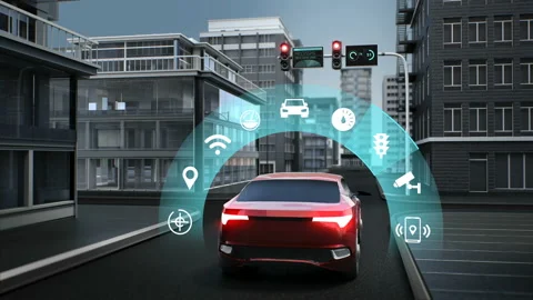 IoT car connect traffic information select application, Autonomous driving. 4k. 스톡 동영상 100308047