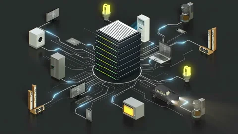 IoT computer technology connect smart appliances server system. 4k animation. Stock-Footage 105835911