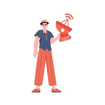 IoT concept. The guy is holding a satellite dish in his hands. Isolated. Ve.. Stock Illustration