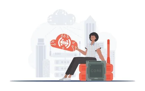 IoT concept. The guy sits on the router and holds the internet of things logo Stock Illustration