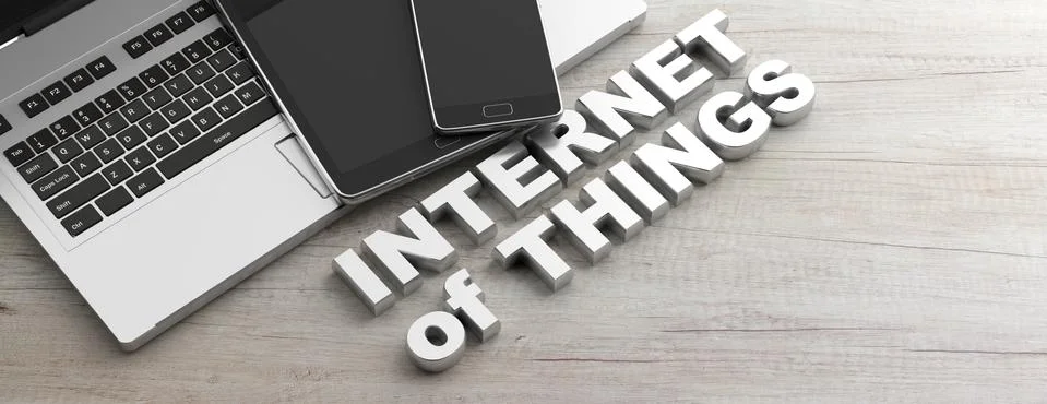 IOT concept. Internet of things text and electronic devices, wooden backgroun Illustrazione stock