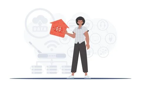 IoT concept. The man is depicted in full growth, holding the icon of the hous Illustrazione stock