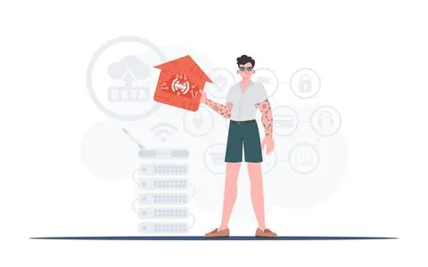 IoT concept. The man is depicted in full growth, holding the icon of the hous Stock Illustration
