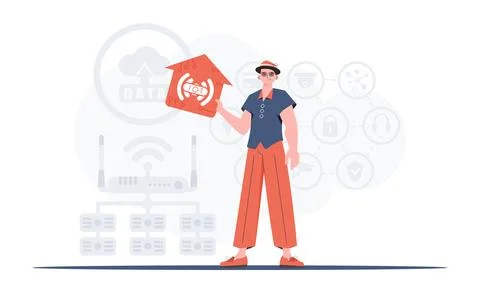 IoT concept. The man is depicted in full growth, holding the icon of the hous Stock Illustration
