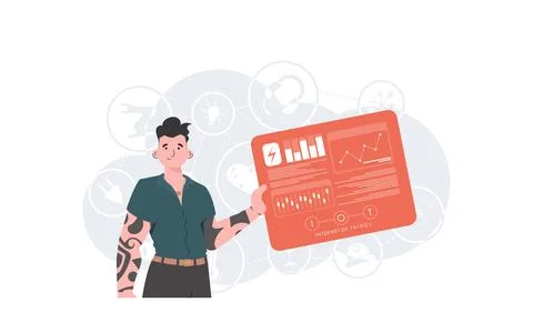 IoT concept. A man holds a panel with analyzers and indicators in his hands.. 스톡 일러스트