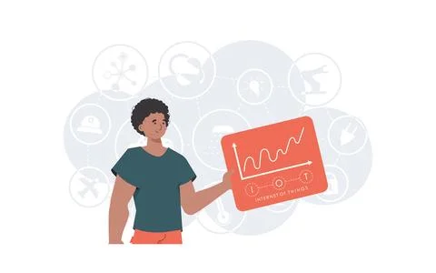 IoT concept. A man holds a panel with analyzers and indicators in his hands.. Stock Illustration