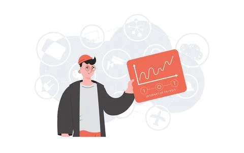 IoT concept. A man holds a panel with analyzers and indicators in his hands.. 스톡 일러스트